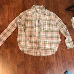 PLAID pink and green size large oversized peach love button down flannel